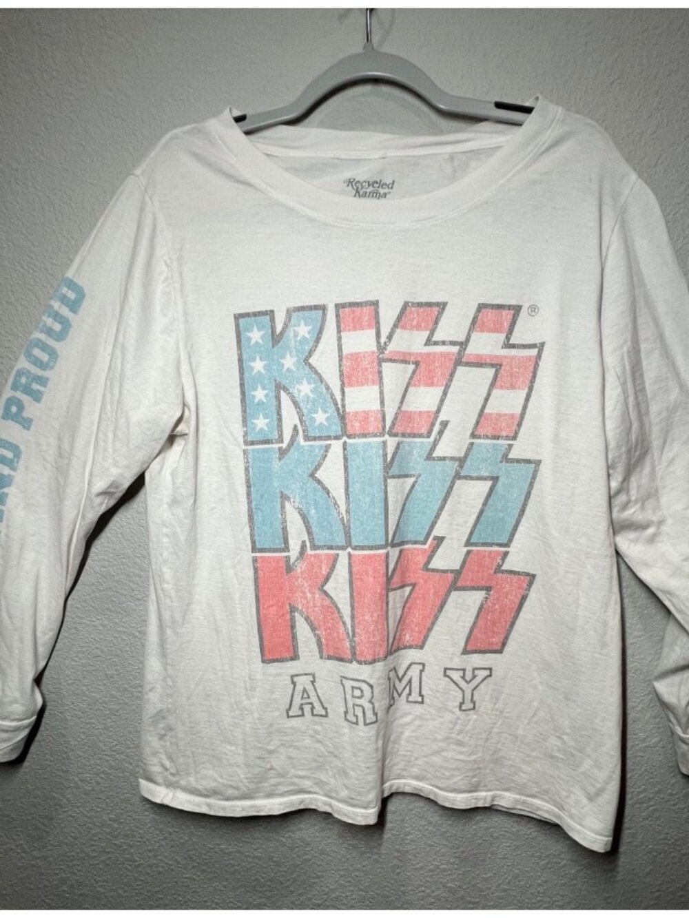 KISS Army Long Sleeve White Graphic Tee By Recycled Karma Size M 100% Cotton USA